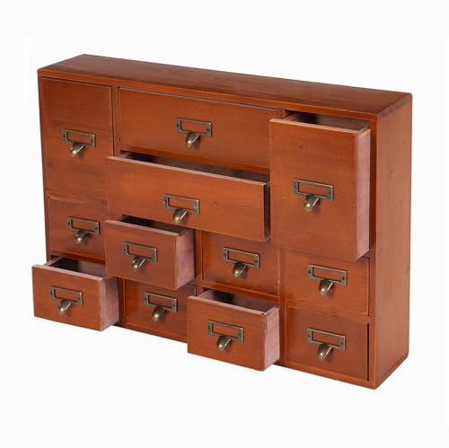 MhdunueSK Vintage Desktop Apothecary Cabinet with 12 Drawers,Wood Desktop Organizers Stackable Drawers Desktop Chest Drawer for Herb Storage,Tea Collection,Stationery (12 Drawers,Brown)