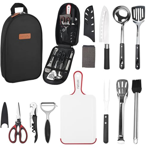ISFORU Camping Accessories, 12PCS Camping Cooking Utensils Set, Travel Essentials, Portable Camping Kitchen Utensil Set for Travel, Picnics, RVs, Camping, BBQs, Parties