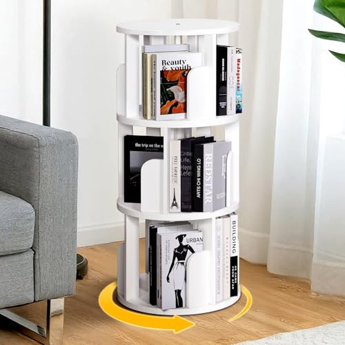 YGYQZ Massivholz Drehbares Bücherregal, Drehbares Kinderregal mit 3 Ebenen, 360-Grad-Darstellung Standregal für Wohnzimmer Büro, Weiß