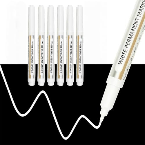 Omeblos White Gel Pens, 6Pcs 1mm White Paint Pen, Waterproof Acrylic Markers, Permanent Paint Markers for Metal, Canvas, Glass, Wood, Stone, Ceramic, DIY Art Supplies