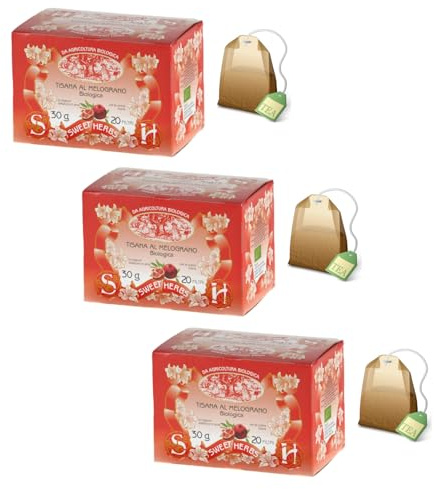 Sweet Herbs® | Tisana al Melograno | Infuso Biologico Antiossidante Melograno e Rosa Canina - 3 x 20 Filtri in Singole Bustine (90 Gr)