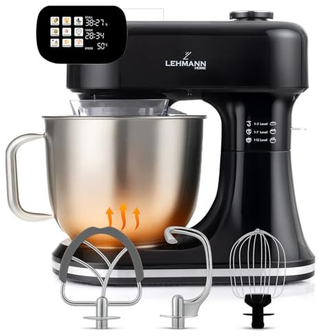 LEHMANN Multifunktions Küchenmaschine mit Display, 12 Geschwindigkeiten, Fermentationsfunktion mit Heizfunktion, integrierte Waage, Timer, Knetmaschine mit 3 Rühreinsätze und 5L Rührschüssel