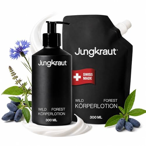 JUNGKRAUT Wild Forest Body Lotion Set Männer 300ml Aluflasche + 300ml Refill, natürliche Körperlotion, ultraleicht, nicht klebend, Swiss Made, vegan