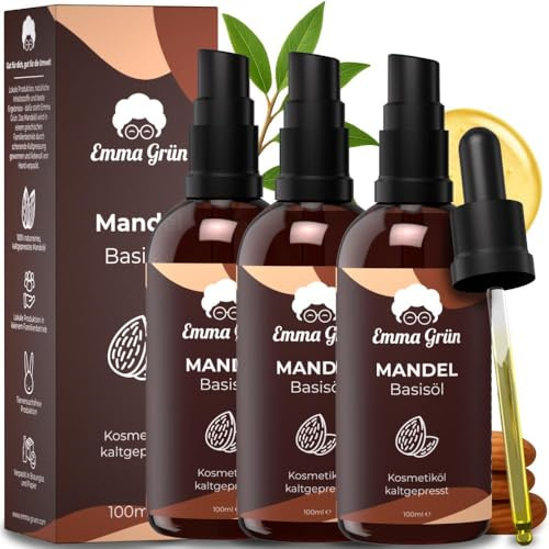 Emma Grün® Bio Mandelöl Kaltgepresst 3x 100ml [100% REIN] - Mandel Öl für Haut, Haare & Babypflege - Clean Almond Oil - Mandel Kosmetiköl für Haarspitzen & Massage - Kaltgepresstes Basisöl