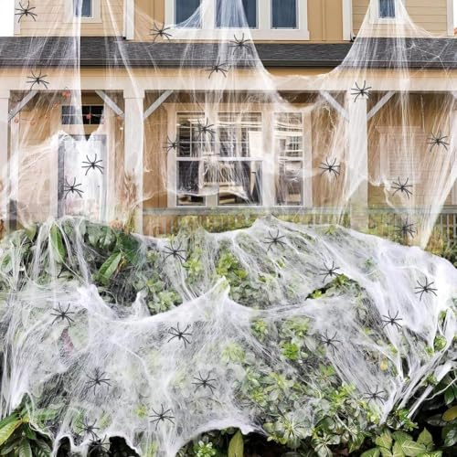 Halloween Deko Spinnennetz, 300g Weiß Spinnenweben Halloween Spinnennetz Dekoration Mit 100 Schwarz Spinnen, Outdoor Spinnweben Dekoration Groß Dehnbar Spinnennetz für Outdoor Indoor Halloween