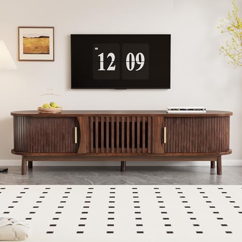 Merax TV-Schrank Retro TV-Lowboard mit offenen Fächern Schiebetür und Klapptür – 3 Stauräumen & großer Plattform – 165 x 39,5 x 46 cm – Stabiler MDF Fernsehschrank Brauner
