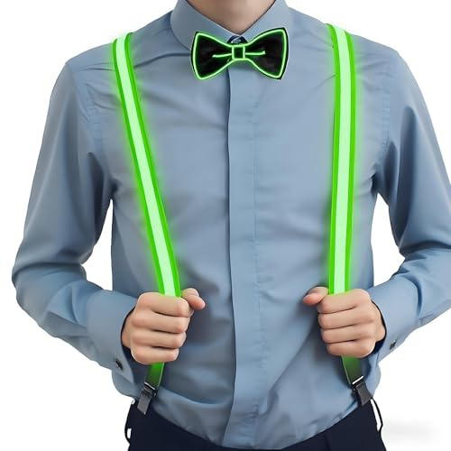 2tlg. LED Hosenträger Herren mit Fliege, Leuchtende Herren-Accessoires mit 3 Modi, Verstellbar LED Rave Outfit Ideal für Rave Musikfestival Halloween-Kostümparty Weihnachten Karneval Events (2, Grün)