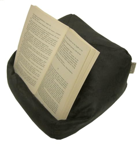 LESEfit soft Buchkissen Lesekissen – frei formbarer Buchhalter für Bett - Handgefertigt aus Antirutsch Wildlederimitat & Mikroperlen – weich waschbar drehbar – anthrazit schwarz