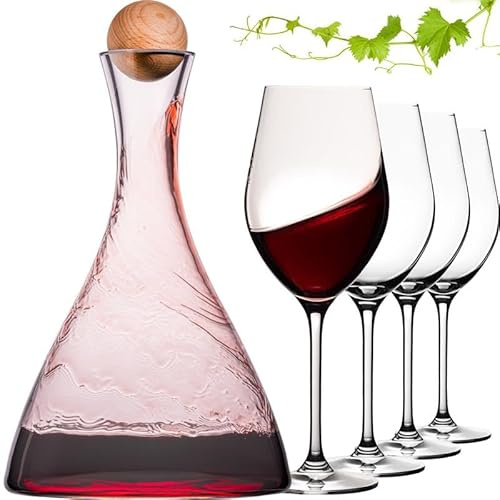 IMPERIAL glass Decantador de vino con 4 copas de vino tinto de cristal Crystalline con cierre de bola de madera Sydney 1700 ml, copas de vino de 300 ml
