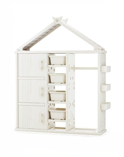 habeig Multifunktionaler Kinder-Kleiderschrank, Hausform Design, Kinderschrank, 156x123x34cm, Beige, mit Türen, Ablagekörben und Kleiderstange, Einfache Montage (20211)
