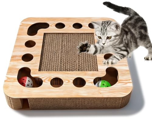 Kratzbrett Katze mit Klingelballs, 3 in 1 Kratzunterlage Brett Katzen Kratz Brett Quadrat Interaktives Katzenspielzeug Interaktives Spielzeug Stabiles Kratzbrett Zubehör für Katzen