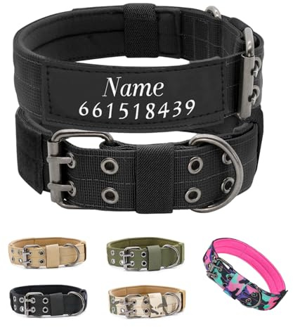 Taktisches, strapazierfähiges Hundehalsband aus Nylon, mit Namens- und Telefonnummern-Patches, individuelles Halsband mit Metall-Doppellochschnalle, weiches Futter für mittelgroße und große Hunde
