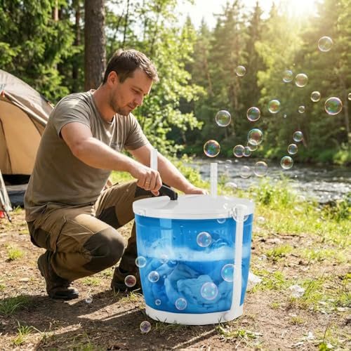 2-in-1 Manual Washing Machine, Hand Crank Washer with Spin Dryer & Suction Cup Base, Portable Mini Washer for Camping Dorm Travel, No Electricity Laundry Machine 2kg Capacity (Sky Blue)