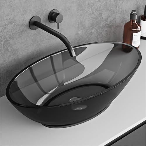doporro Lavabo Piccolo da Appoggio Ovale 63x34x17 cm, Lavamani per Bagno | Lavandino per Bagno in Resina Trasparente, Colore Grigio, Formato Compatto, Uso in Bagno e WC Ospiti, Installazione da Tavolo