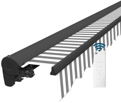 Eclipse Halbkassettenmarkise basaltgrau elektrisch 5,0x3,0m Farbe:Grau-Weiß | Stoff 280g/m² Polyester (PE) UV-Schutz 50+ Kassettenmarkise Gelenkarm Sonnenschutz Markise Sonnenmarkise Balkonmarkise