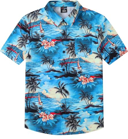 MOMBEBE COSLAND Camicia Hawaiana per Bambini, Camicia Manica Corta con Bottoni, Motivo a Palme, Blu, 9-10 Anni