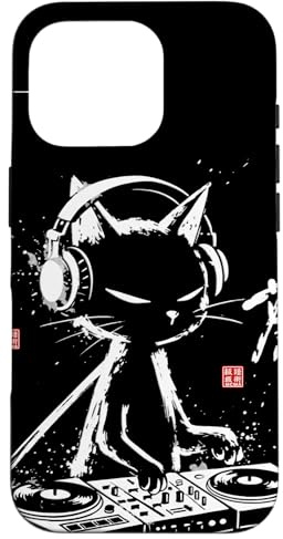 Hülle für iPhone 16 Pro Vintage Kalligraphische DJ Cat Vinyl Plattenspieler Japanische Kunst