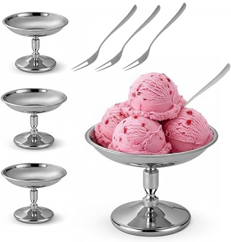 AXVRAV 4 Stück Eisbecher Edelstahl 70ml Ø 10cm mit 4 Gabel, Dessertschalen mit Fuß Ice Cream Sundae Dessertgläser für Obst Joghurt Pudding Dessert, Eiscreme Cocktail Gläser für Party Hochzeit Küche