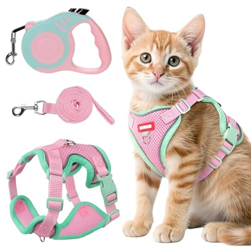 Katzengeschirr mit Leine Ausbruchsicher Set, Katzen Automatisch Einziehbare Leine 3m,Fuß Katzenleine Verstellbar Katzenweste Rosa (M)