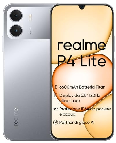 realme P4 Lite Smartphone 4G, 4 Go + 128 Go, écran LCD HD 120 Hz, batterie titane 6600 mAh, charge 15 W, charge arrière 6 W, IP64 résistant à la poussière et étanche, système Next KI, gris titane