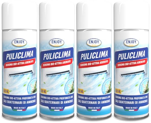 ENJOY HOME PULICLIMA Igienizzante Condizionatori Spray - Schiuma Attiva ai Sali Quaternari di Ammonio per Split e Filtri - Pulitore Professionale Antibatterico al Profumo di Mughetto 500ml x4