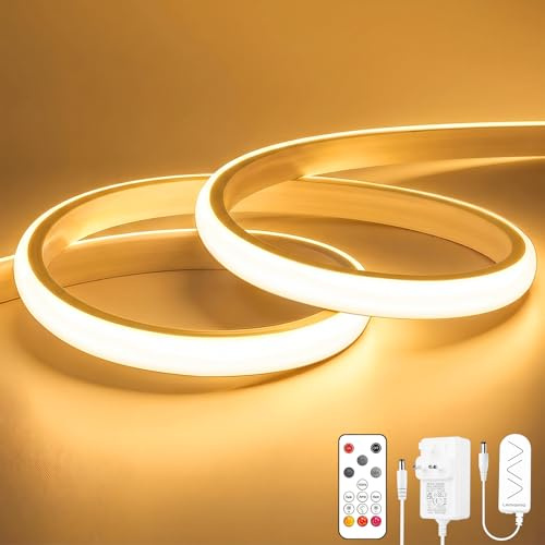 Lamomo COB LED Strip Light 3M, Warm White Led Tape Lights for Bedroom with Remote, 3000K Dimmable Flexible Waterproof Silicone Neon Rope Backlight for Cabinet, TV, CRI90+, 10mm Width, 24V UKCA