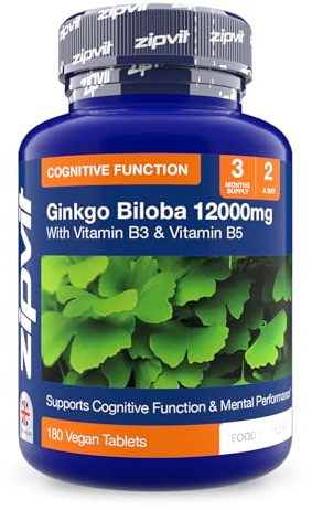 Zipvit Ginkgo Biloba High Strength 12000mg with Vitamins B3 & B5, Supports Mental Performance, 180 Vegan Ginkgo Biloba Tablets, 3 Months Supply