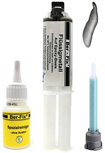 Ber-Fix 2K Flüssigmetall 25g + Spitze & 20g Spezialreiniger, hitzebeständig bis 120°C, Metallkleber & Metallspachtel, ideal für Metallreparaturen