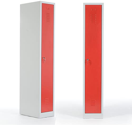 Schrank & Stuhl 2 x Spind mit einem Abteil á 30 cm - 180 x 30 x 50 cm (HxBxT) grau/rot - komplett montiert