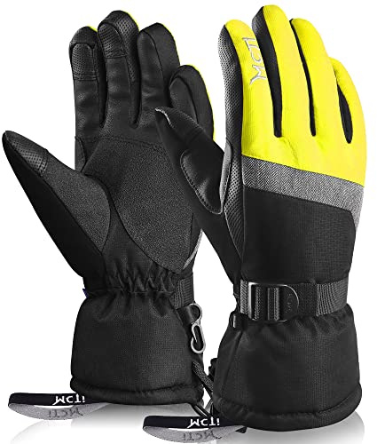 MCTi Ski Gloves,Winter Waterproof Snowboard Snow 3M Thinsulate Warm Touchscreen Cold Weather Women Gloves Wrist Leashes Yellow Large