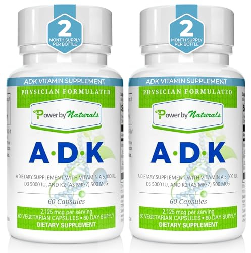 Power By Naturals ADK Vitamin Supplement – Vitamins A, D3 & K2 MK-7 for Bone Health & Calcium Absorption – Gluten-Free, Soy-Free – 120 Capsules, 2-Pack (4-Month Supply)