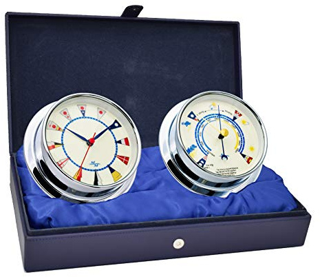 MASTER-MARINER American Voyager Collection Coffret Cadeau Cabine Nautique Horloge et baromètre 14,6 cm de diamètre Finition chromée Cadran Drapeau de Signal Ivoire