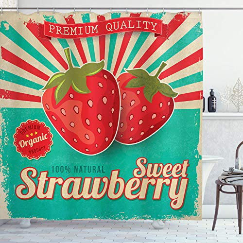 ABAKUHAUS Obst Duschvorhang, Retro Poster Erdbeeren, Stoffliches Gewebe Badezimmerdekorationsset mit Haken, 175 x 220 cm, Türkis Dunkle Koralle