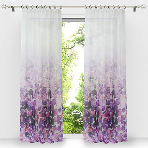 HongYa 1 Stück Voile Farbverlauf Gardine Transparenter Vorhang mit Kräuselband Blumen Druck H/B 225/140 cm