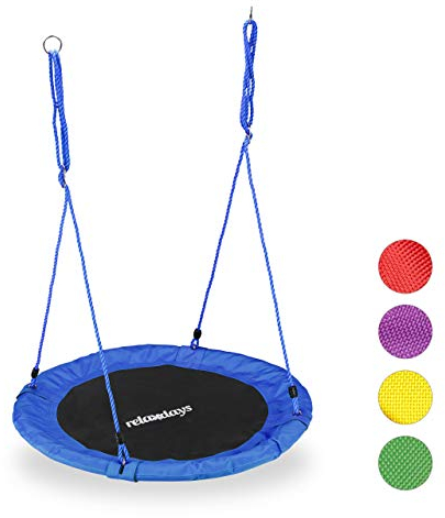 Relaxdays Unisex – Erwachsene, blau Nestschaukel, rund, für Kinder & Erwachsene, verstellbar, Ø 90 cm, Garten Tellerschaukel, bis 100 kg, H x D: ca. 5 x 90 cm