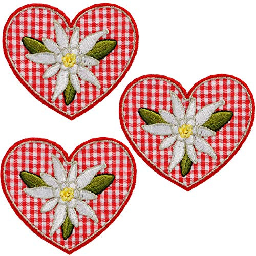 alles-meine.de GmbH 3 Stück Bügelbilder/Applikation/Aufbügler - Herz mit Edelweiß Blume - 6,2 cm * 5,4 cm - Aufnäher/gewebte Flicken - zum Aufbügeln Aufkleben Aufnähen - ..