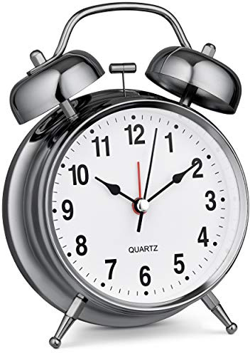 Bernhard Products Analog Alarm Clock Twin Bell 4 Silver Metal Extra Loud Quartz Battery Operated with Backlight Silent Non-Ticking for Bedside Desk Vintage Retro Antique Decorative Old School, Chrome