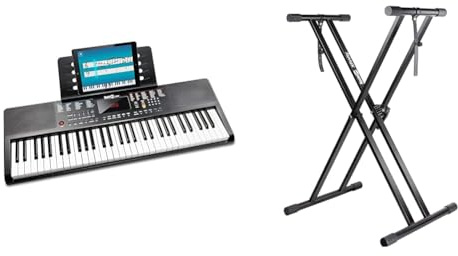 RockJam Teclado RockJam compacto de 61 teclas con soporte para partituras, fuente de alimentación & Soporte para teclado Xfinity preensamblado, doble arriostrado y con correas