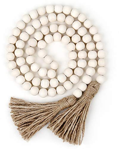 58in Wood Bead Garland with Tassels, Farmhouse Rustic Country Decor Prayer Boho Wall Hanging Decoration (Nature)