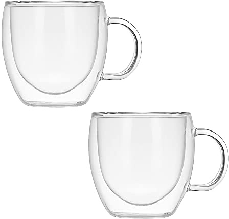 GoMDSA Lot de 2 tasses à café en verre de 150 ml, double paroi isolée en verre transparent avec poignée, grandes tasses à expresso en verre pour cappuccino ou thé