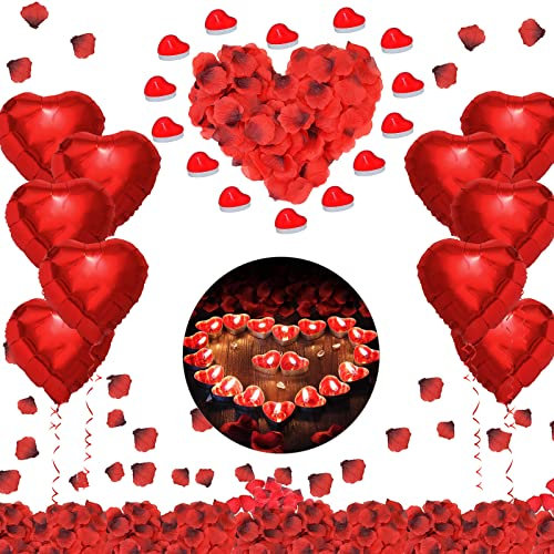 Gohytal Romantische Deko Set, Valentinstag Luftballons Dekoration Set,1000 Rosenblätter Rot+10 Herz Folienballons+LOVE Luftballons+12 Herz Girlande, Valentinstag Deko für Geburtstag Jubiläum