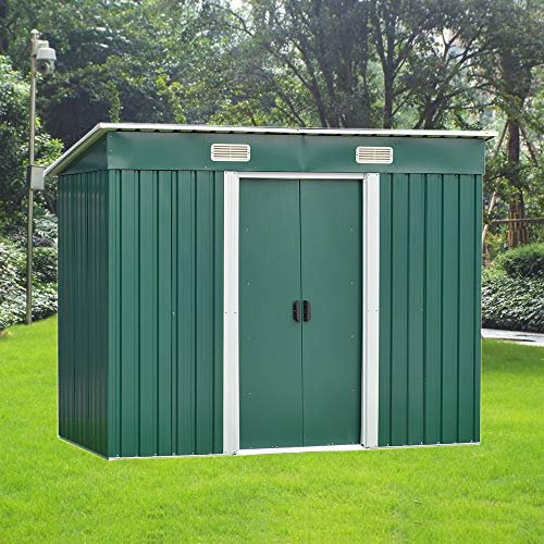 Panana 8 x 4 ft Corrugated Metal Garden Storage Shed w/Sliding Door Sloped Roof - Green