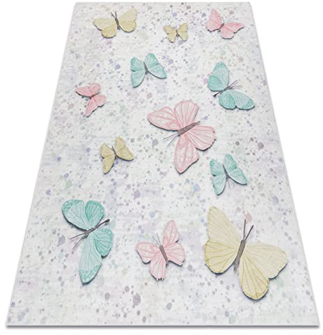 rugsx Bambino Kinderteppich mit Muster „Schmetterlinge” - Waschbar, Anti-Rutsch, Creme 80x150 cm