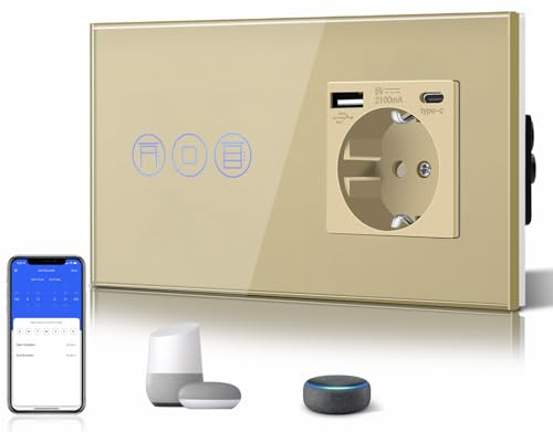 BSEED Interruptor Persiana WiFi,interruptores tactil empotrado,Inteligente Control de Porcentaje,Panel de Cristal,Control Remoto,Requiere Cable Neutro,Persiana + 1 Enchufe con USB/Tipo-C,157mm Oro