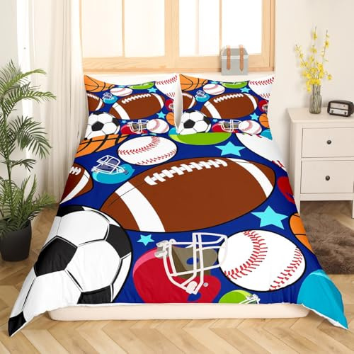 Feelyou Kids Sports Duvet Cover Football Basketball Tennis Baseball Bedding Boys Teens Sports Comforter Cover 1 Duvet Cover & 2 Pillowcases Queen Size…