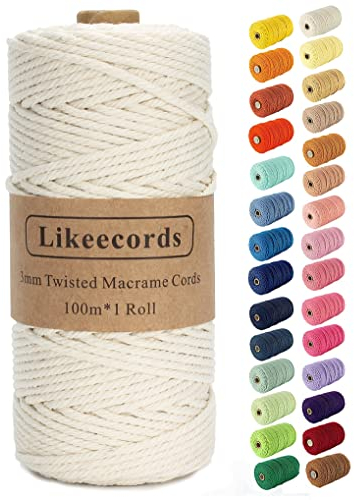 Likeecords Beige Makramee-Schnur, 3 mm x 110 Yards, farbiges Makramee-Seil, Baumwollseil, Makramee-Garn, Bunte Baumwollschnur, zum Aufhängen von Pflanzen, zum Basteln, Stricken