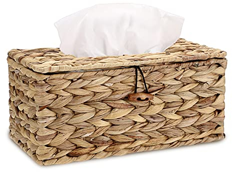 SUMNACON Braun Taschentuchbox aus Rattan mit Deckerl Kosmetiktücherboxen Servietten Aufbewahrungsbox für Badezimmer Wohnzimmer Büro Restaurant Handarbeiten(Rechteck Groß)