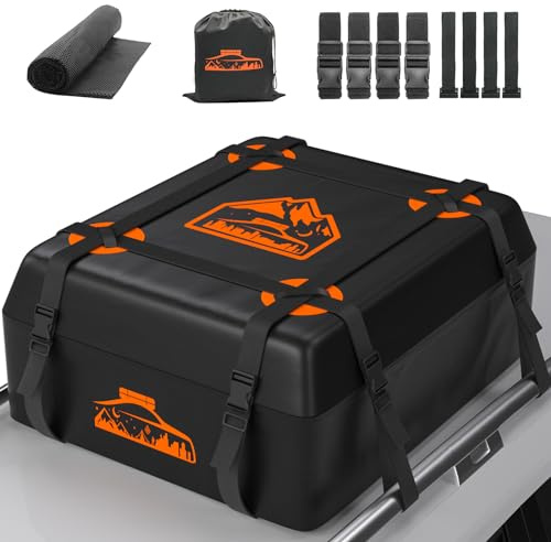 BOYUJK Car Roof Bag - 15 Cubic/425 L, Waterproof, No Rack Needed, Anti-Slip Mat & 6 Heavy-Duty Straps, Folding Soft Bag (Orange, 425 L)