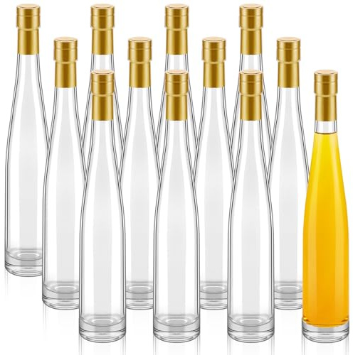 12 Stück 375 ml Klarglasflasche mit Korkverschluss, luftdichter Deckel, Schrumpffolie, auslaufsicher, leere Flaschen für Likörglas, Woozy Flaschen für Wein, Öl, Wasser, Getränke, Essig, Bier