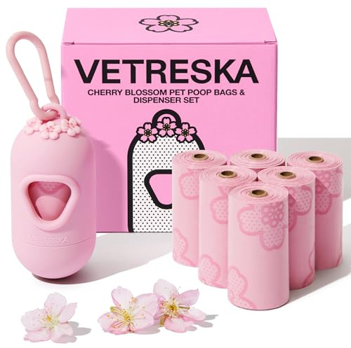 VETRESKA Dog Poop Bag Dispenser with Cherry Blossom Scented Poop Bags, Leak Proof and Extra Thick Pet Waste Bags, 1 Poop Bag Holder and 105 Bags for Dog Walking and Cats Litter, Pink